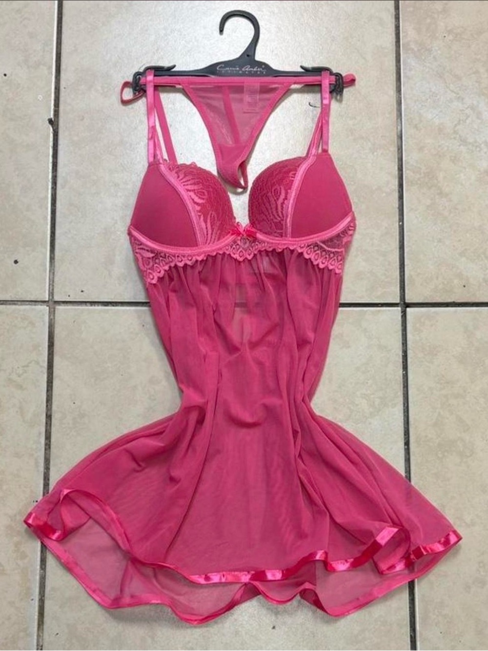 Sheer Lace-Trim Pink Babydoll Chemise with Matching Thong